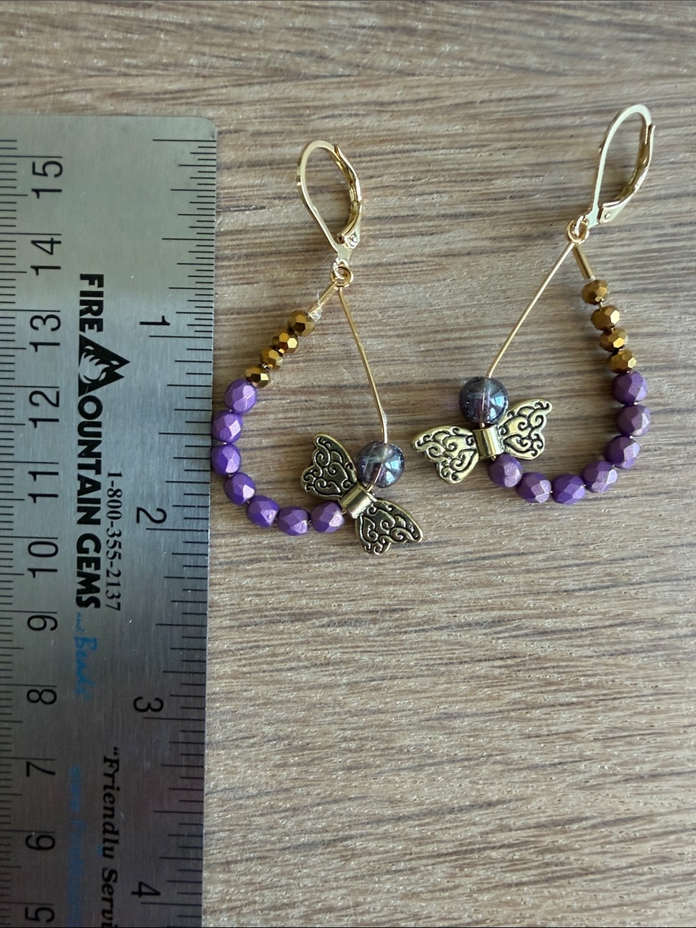 HAND CRAFTED WHIMSIGOTH DRAGONFLY TEARDROPS EARRINGS Purple & Gold Fairycore - Picture 8 of 9